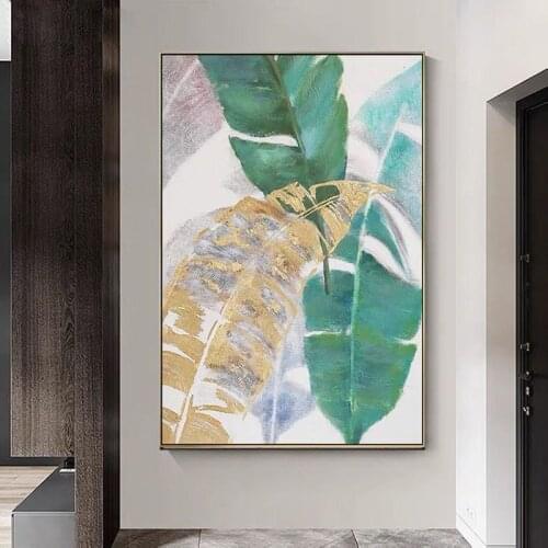 Hand Painted Plant Oil Painting Living Room Decorative Painting Porch Corridor Gold Green Banana Picture Modern Nordic Leaf Art