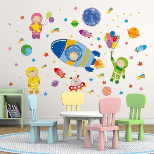[SHIJUEHEZI] Astronauts Rockets Wall Stickers DIY Cartoon Planets Wall Decals for Kids Rooms Baby Bedroom Home Decoration