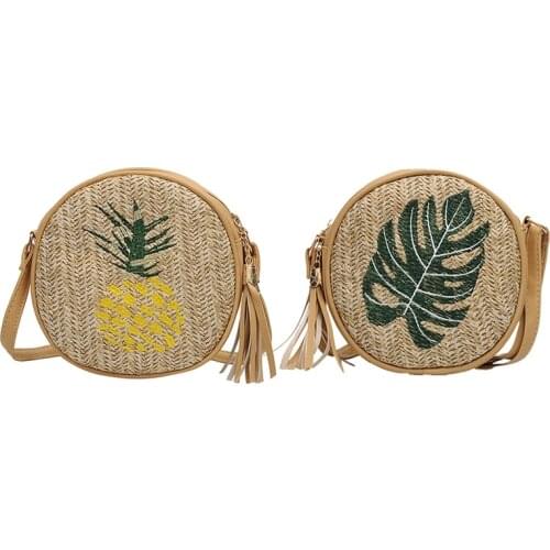 Embroidered Straw Bag Handmade Woven Round Shoulder Bag Tassel Crossbody Bag Beach Bag Circle Bohemia Handbag