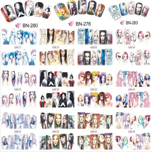 On sale !!1 lot =10pcs ,12 in one sheet New Style Nail Art Water Sticker --The various images of women in 2017 for BN277-288