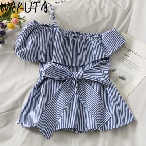WAKUTA Striped Bow Bandage Slim Waist Slash Collar Shirts Top Women 2021 Summer New Casual Srew Neck Chic Ruffles Camis Blousas