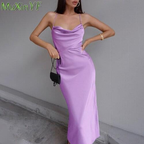 Womens Sexy Backless Sling Long Satin Dress Summer 2021 New Office Lady Graceful Solid Slim Dresses Dinner Party Robe Female