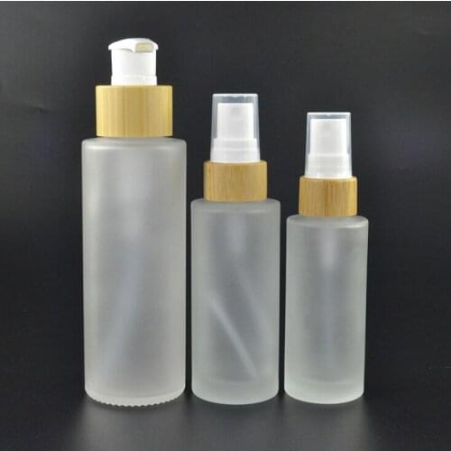 100ML Clear Frosted Glass Bottle With bamboo spray/ lotion press Pump glass bottle with bamboo lid Perfume / Foundation Vials