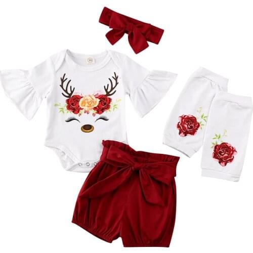 5PCS Baby Girl Christmas Clothes Sets Newborn My 1st Floral Print Flare Sleeve Romper+Shorts+Leg Warmers Outfit