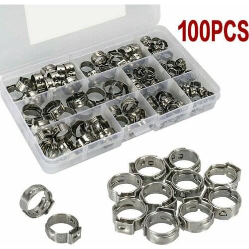 Free shipping High Quality 100 PCS 5.3mm-15.3mm Stainless Steel 304 Single Ear Hose Clamps Assortment Kit Single
