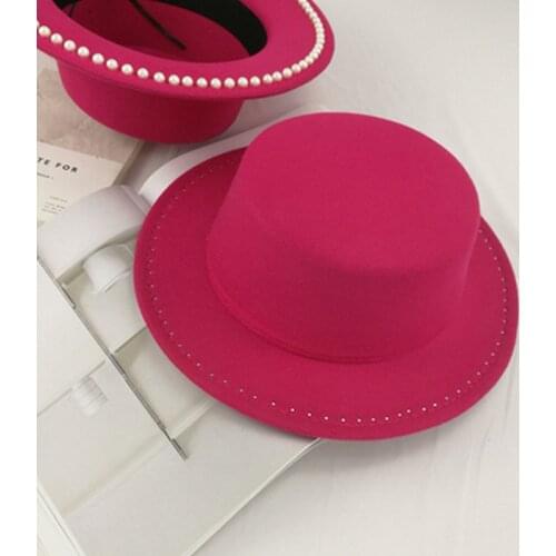Flat top fedora hat European and American pearl woolen flat top hat beaded sun visor flat brim female autumn and winter hat