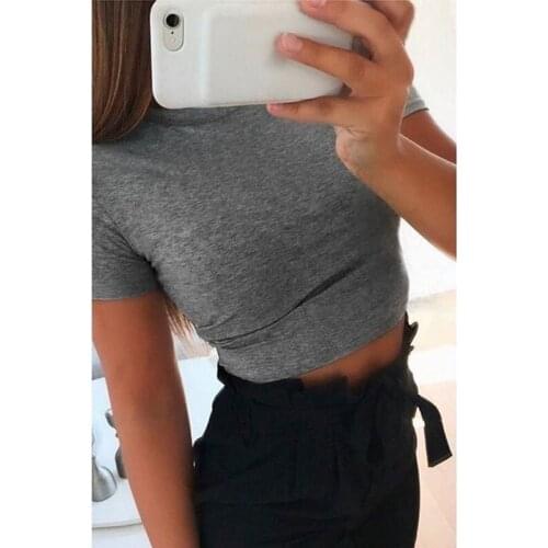 Summer Women Fashion Crop Tops Slim Tshirt Solid Color O-neck Short Sleeve T-shirt Casual Tees Basic Black White Regular