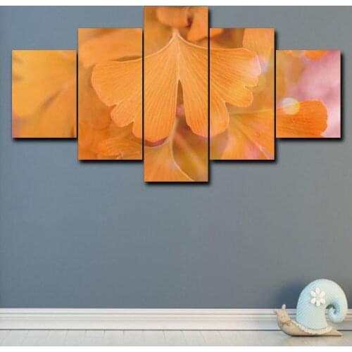 Laeacco Yellow Fan-shaped Leaves Canvas 5 Panel Classic Leaves Wall Art Posters and Prints Home Living Room Bathroom Decor