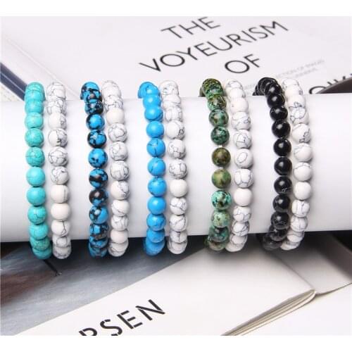 Hot 2pcs/set Couple Distance Bracelet White Blue Black Stone Yoga Beaded Bracelet for Men Women Friend Gift Charm Strand Jewelry
