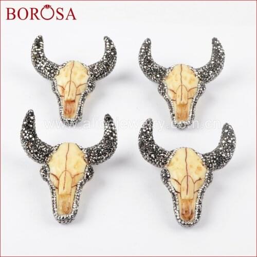 BOROSA New Buffalo Head bead, Rhinestone Pave Resin Ox Head Bull Cattle Bead Longhorn Resin Horn Cattle Pendant Jewelry JAB635