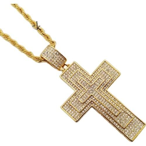 Black Knight Gold color stainless steel Full Rhinestones big Cross necklace mens hip hop fashion pendant necklace BLKN0778