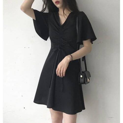 Dress Women Flare Sleeve Zipper Solid Student Simple Loose Casual Summer Korean Style Retro Soft Cute Elegant Plus Size Mini