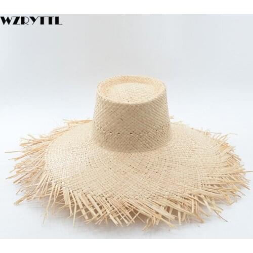 New Fashion Womens Summer Hat Wide Brim Raffia Hats in Fringed Plain Sun Straw Hats Ladies Flat Top Seaside Beach Hats Derby