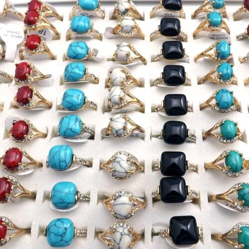 Retro Style Gold Tone Clear Crystal Pave Mixed Color Stone Rings For Women 30pcs Wholesale