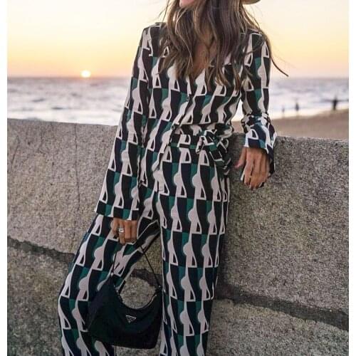 XEASY 2021 New Summer Women Vintage Two-Piece Set Print V-Neck Long Sleeve Shirt Female Elastic High Waist Casual Pants Set