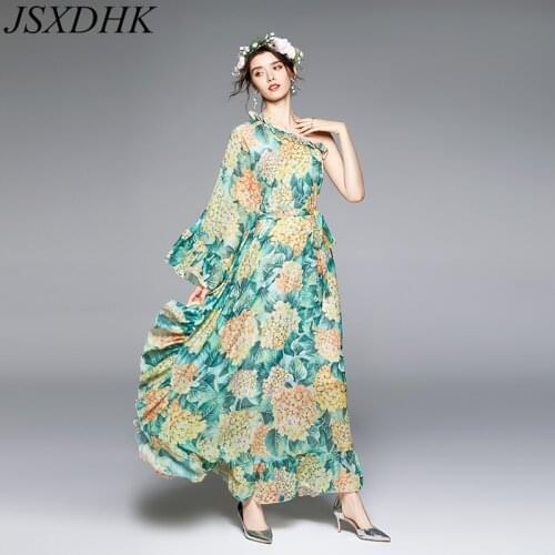 2021 New Summer Green Flower Print Maxi Dress Women Ruffles One-Shoulder Chiffon Ruffles Sexy Backless Loose Boho Holiday Dress