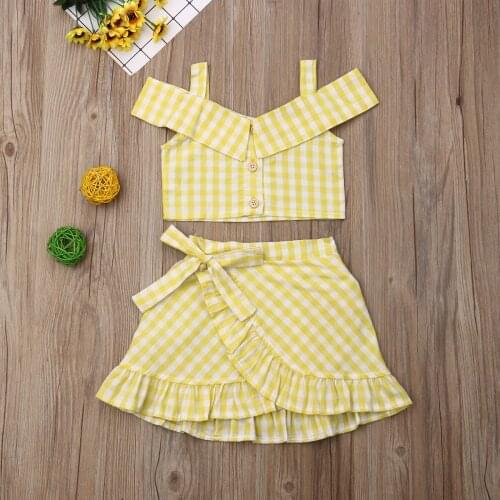 2020 Baby Summer Clothing Toddler Kid Baby Girl Plaid Clothes Vest Crop Top Off Shoulder Shirt + Irregular Skirt 2Pcs Outfit Set