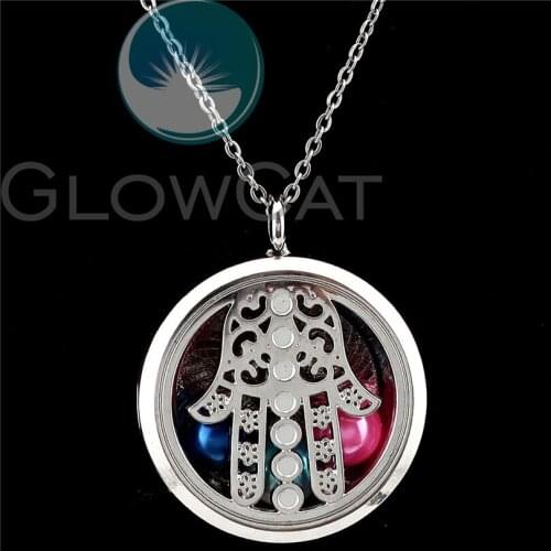 30mm Fatima Hamsa Hand Locket Steel Chains Essential Oil Aromatherapy Diffuser Perfume Locket Pendant Necklace R-K1200
