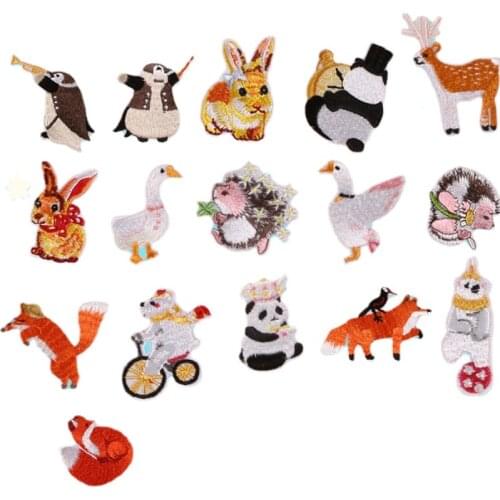 50pcs/lot Embroidery Patch Bear Bunny Anime Cartoon Animal Panda Hedgehog Fox Clothing Decoration Iron Heat Transfer Applique