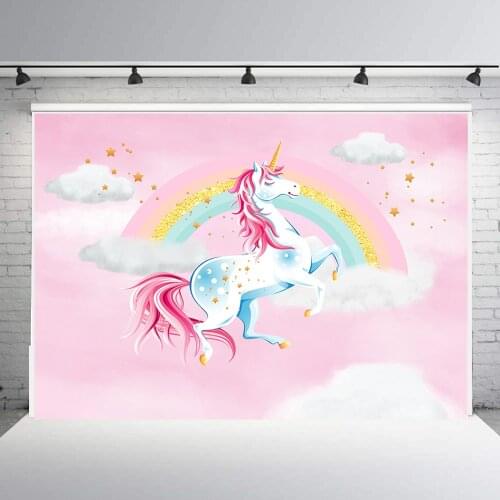 Cartoon unicorn birthday party background pink rainbow clouds photographic backdrop baby shower candy table banner poster B-914