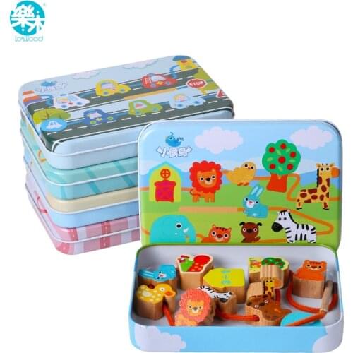 Logwood Wooden toys Baby DIY Toy Cartoon Fruit Animal Stringing Threading Wooden beads toy Monterssori Educational for Children