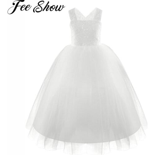 4-14Years Ivory Kids Girls Lace Floral Criss Cross Back Tulle Flower For Party And Wedding Baby Clothing Vestidos Infantis Teen