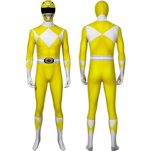Adult Ranger Superheroes Boy Yellow Ranger Jumpsuit Cosplay Costume Fancy Halloween Masquerade Bodysuit With Mask