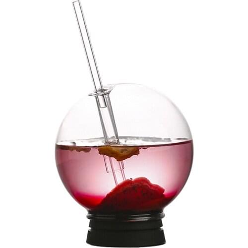 1 Set Round Cocktail Glass With Straw, Creative Transparent Glass Juice Milk Cup Coffee Mugs Tumbler Bottom Whiskey Wine Glasses