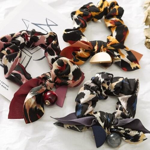 Leopard Hair Scrunchies Bowknot Scrunchy Women Elastic Hair Bands Girls Headwear Rubber Hair Ties Bead Pendant Ponytail Holder