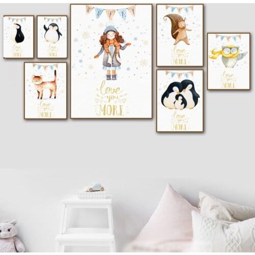 Cartoon Girl Owl Squirrel Penguin Cat Animals Nordic Posters And Prints Wall Art Canvas Painting Wall Picture Kids Room Decor
