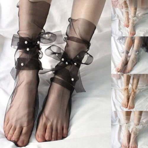 Women Ultra-Thin Sheer Slouchy Ankle Socks Sweet Ribbon Bowknot Imitation Pearl Beading See-Through Mesh Tulle Stockings