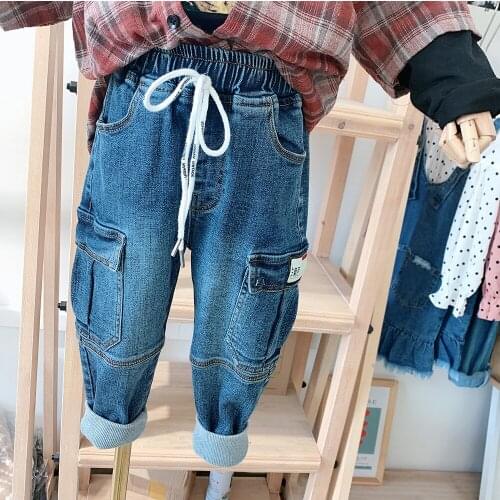 2020 Spring New Childrens Clothing Boys Tide Pocket Jeans Fashion Kids Boys Casual Cargo Pants Toddler Denim Pants Baby Jeans