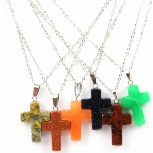 Wholesale Natural Stone Pendant Cross Pendant Natural Stone Golden Sand Stone Necklace Premium Stainless Steel Necklace