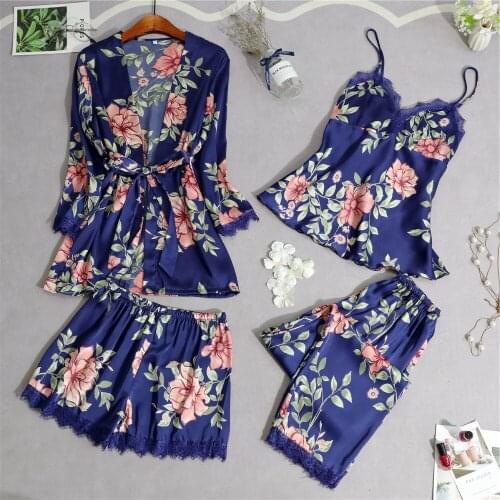 4 Pieces Printed Sexy Pajamas Set Women Faux Silk Lace Sling Robe Sleeveless Shirt Shorts Summer Sleepwear Nightdres