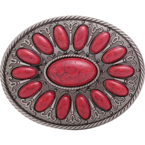 Retro Style Oval Red Beads Leather Belt Buckle Cowboy Hip Hop Jean Accessory