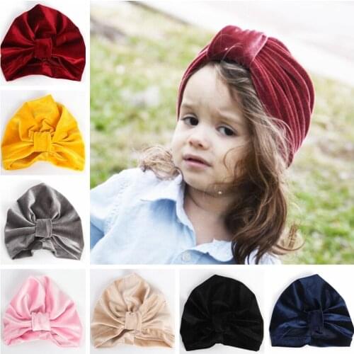Yundfly Gold Velvet Girls Turban Hat Kids Cotton Blend Newborn Beanie Stylish Top Knot Caps Headwear Birthday Gift Photo Props