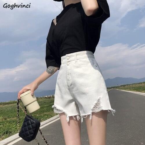 Shorts Women Denim Cool Solid Simple Streetwear Vintage Irregular Holes Buttons High Waist All-match Distressed Retro Lovely Ins