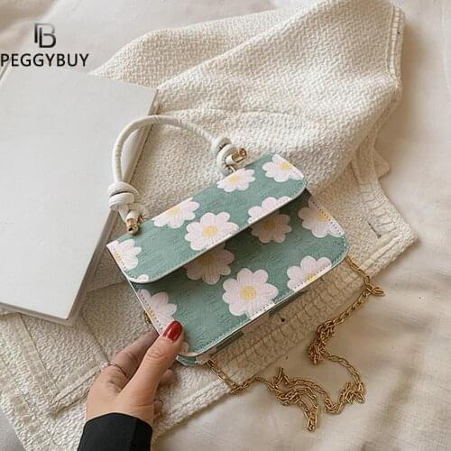 Women Fresh Flowers Printing PU Leather Shoulder Crossbody Messenger Bag Casual Ladies Chain Mini Flap Purse Handbags bolsa