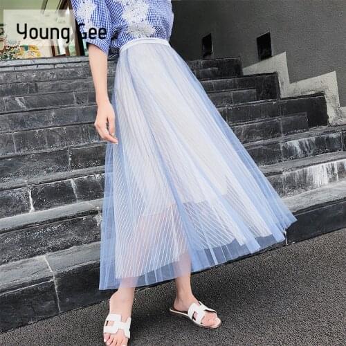 Clearance 3 Layers A Line Mesh Women Pleated Skirt Women Tulle Fashion Elastic High Waist Long Skirts Saias Faldas Jupe Femmle