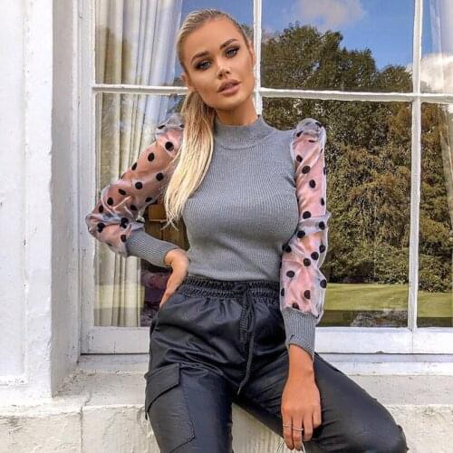 LIBERJOG Women Sexy Shirt Turtleneck Puff Sleeve Perspective Lace Bubble Sleeve Splice Knitting Pullover Female Tops