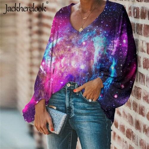 Jackherelook Large Size Women Blouse Multicolor Galaxy Star Space Print Casual Loose Long Sleeve Shirt Top Ladies V-neck Clothes
