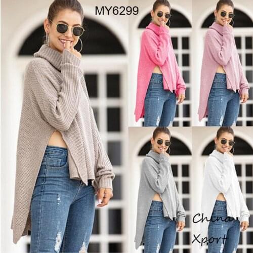 Women fashional turtleneck long back short front turtleneck knitted sweater furcal split pullovers spring autumn winter clothes