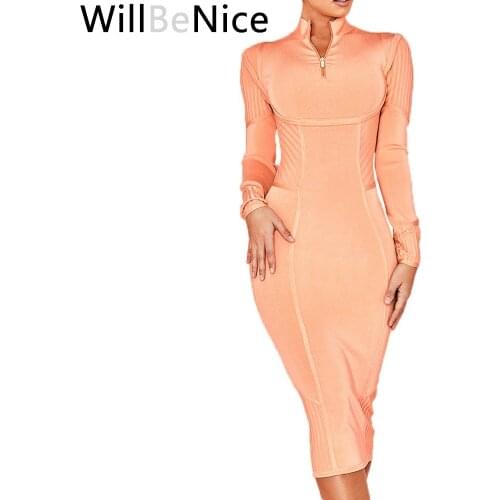 WillBeNice 2019 Orange Sexy Autumn Winter Bandage Dress Women Long Sleeve Midi Bodycon Dress Club Bodycon Cocktail Party Dress