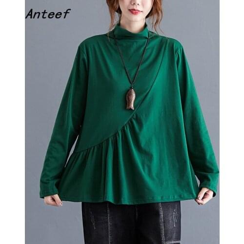 Anteef long sleeve cotton spring autumn korean fashion tshirt vintage tee t shirt casual loose top women 2021 t-shirts clothes