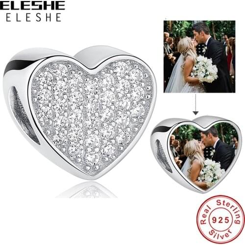 Personalized 925 Sterling Silver Heart Charms Crystal CZ Beads Fit Charm Bracelet Customize Photo Love Beads DIY Jewelry