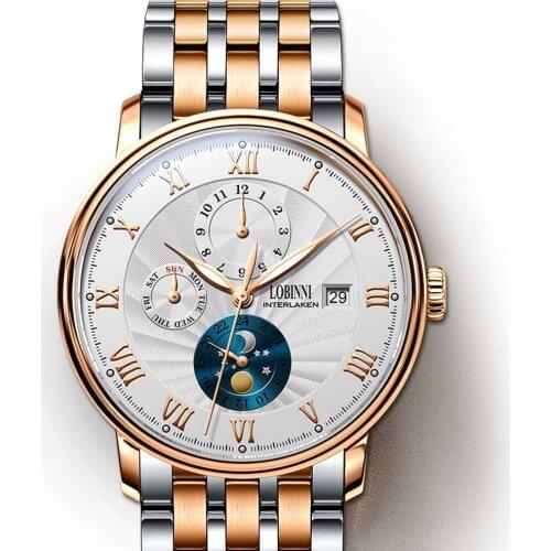 Wrist watch men,mens automatic watches LOBINNI man luxury waterproof mechanical wristwatch montre steel strap month week date