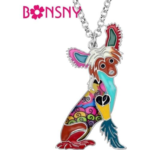 Bonsny Enamel Alloy Sitting Chinese Crested Dog Necklace Pendant Chain Choker Unique Animal Pets Jewelry For Women Girls Gift