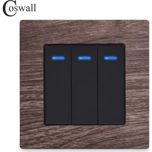 COSWALL 1/2/3/4 Gang 1/2 Way On / Off Rocker Key Wall Light Switch With Blue Backlight UK Socket Wood Grain Aluminum Metal Panel