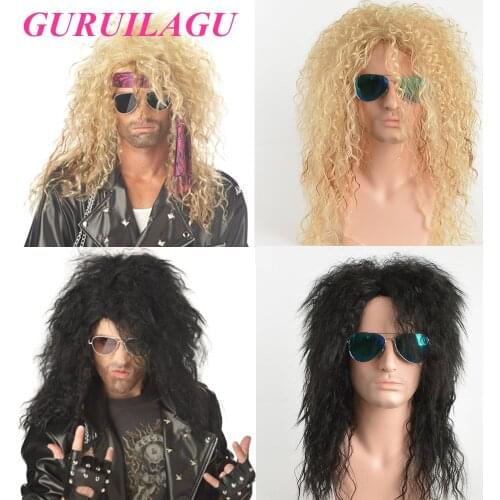 GURUILAGU Long Curly Synthetic Wigs for Men Cosplay Wigs Male Curly Hair Black Blonde Wig With Bangs Fluffy Nightclub Bar Wig