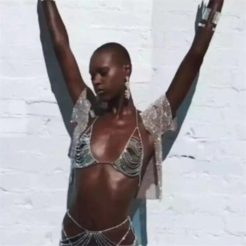 European and American sexy women Rhinestone mesh tassel body chain bra underwear set beach transparent thong chain jewelry gift